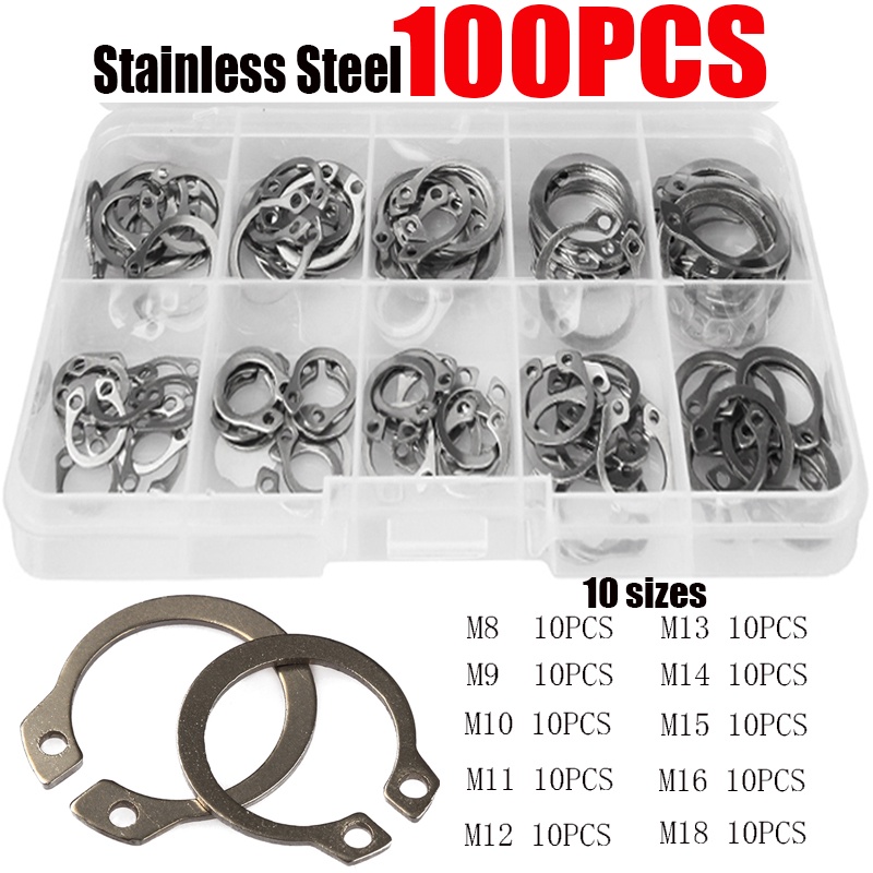 100-Piece Stainless Steel Circlip Snap Ring Assortment – External & Internal Retaining Rings