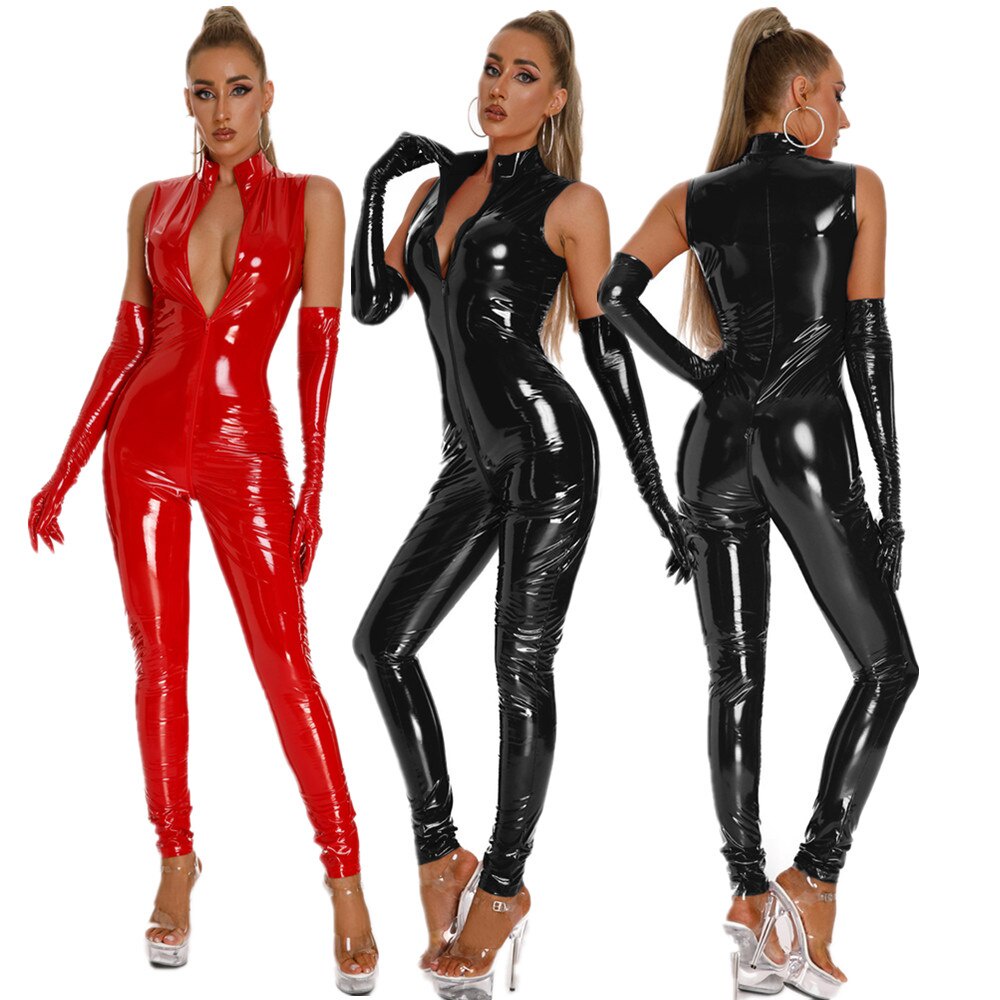 Jual PREORDER Sexy Women Shiny Faux Leather Bodysuits PVC Latex Catsuit Front Zipper Open Crotch