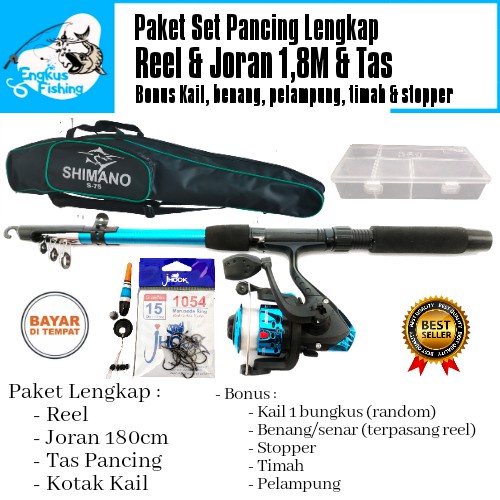 Paket Set Lengkap Reel & Joran 1.8M & Tas Pancing (Bonus) Murah - Engkus Fishing