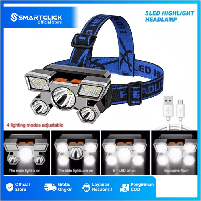 Jual High Power Head Lamp Senter Kepala Rechargeable 5 LED XPE COB H501 ...