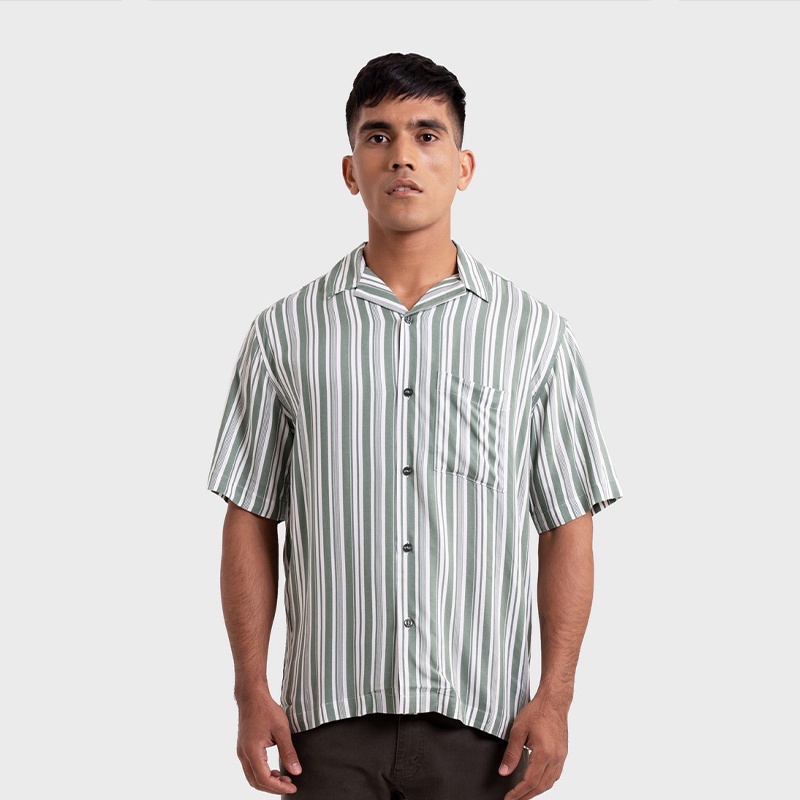 Cole Linen Look Slub Camp Collar Kemeja Lengan Pendek Pria