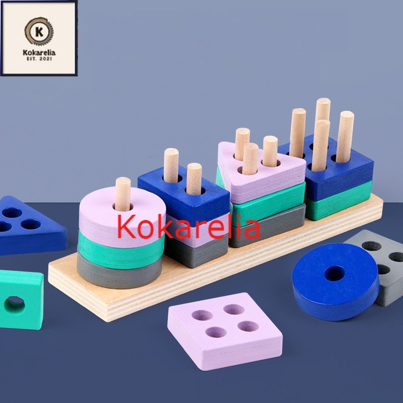 Jual 4 set mainan kayu Motorik building block import geometric shape ...