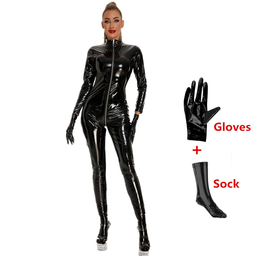 Jual Preorder Sexy Hot Women Faux Leather Catsuit Pvc Latex Bodysuit Front Zipper Open Crotch 4043
