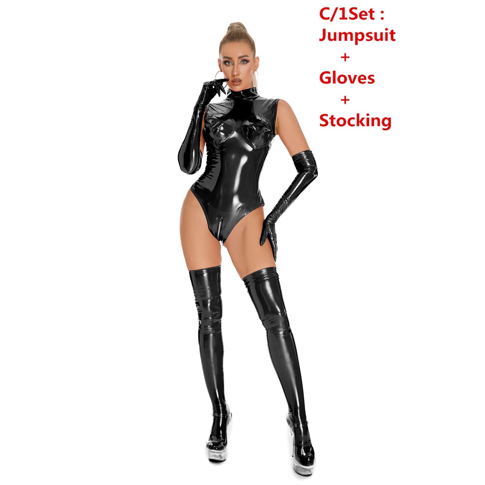 Jual Preorder Glossy Faux Leather Zipper Open Crotch Catsuit With Gloves Stocking Sexy Lingerie 9981