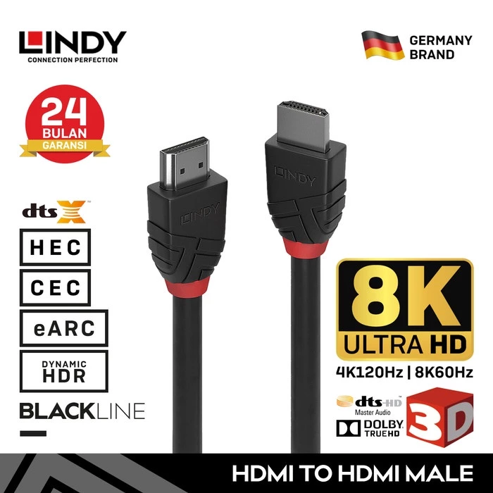 Kabel HDMI LINDY 0.5m 1m 2m 8K60Hz Dolby Atmos 48Gbps EARC PS4/PS5 Male To Male Black 36770 36771 36772
