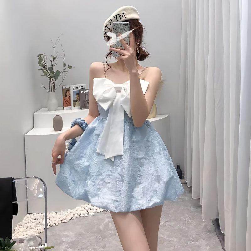 French sweet blue sleeveless plaid pleated mini skirt with bow short dress