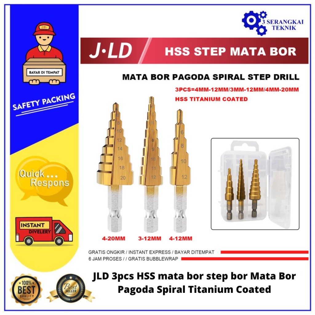 Jual JLD 3pcs HSS Mata Bor Step Bor Mata Bor Pagoda Spiral Titanium ...