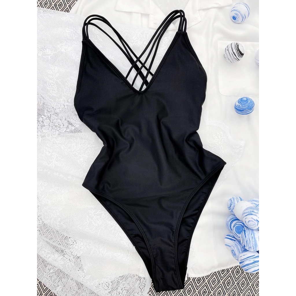 Jual Bikini Swimsuit Baju Renang One Piece Polos Hitam Tali