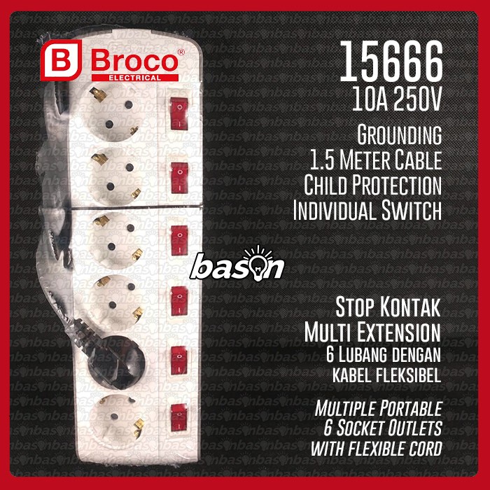 Jual BROCO 15666 Stop Kontak Arde 6 Lubang Slanting + Kabel 1.5Meter ...