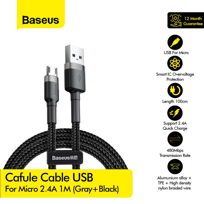 Baseus Cafule Cable USB For Micro 2A 3m Gray+Black (6953156296374