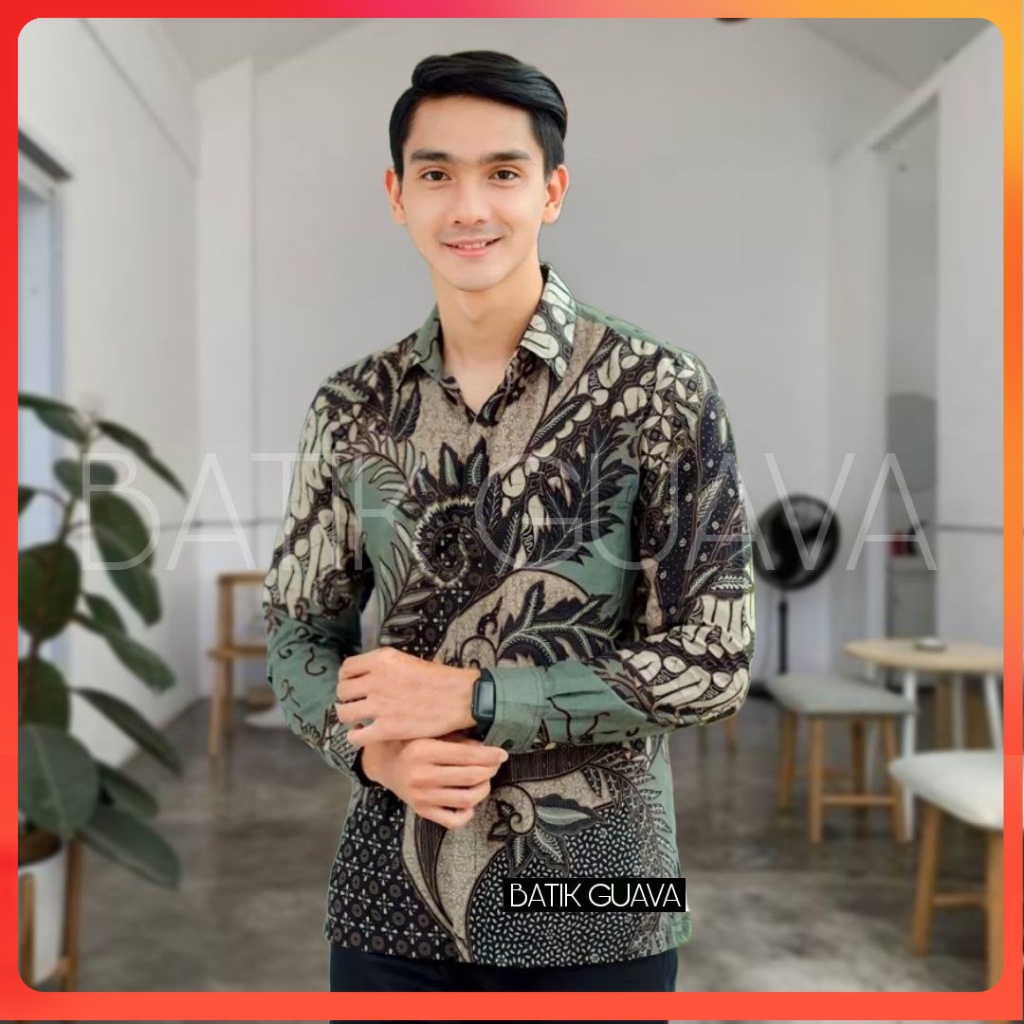 Jual BAJU BATIK PRIA LENGAN PANJANG HIJAU SAGE MODERN READY M L XL XXL