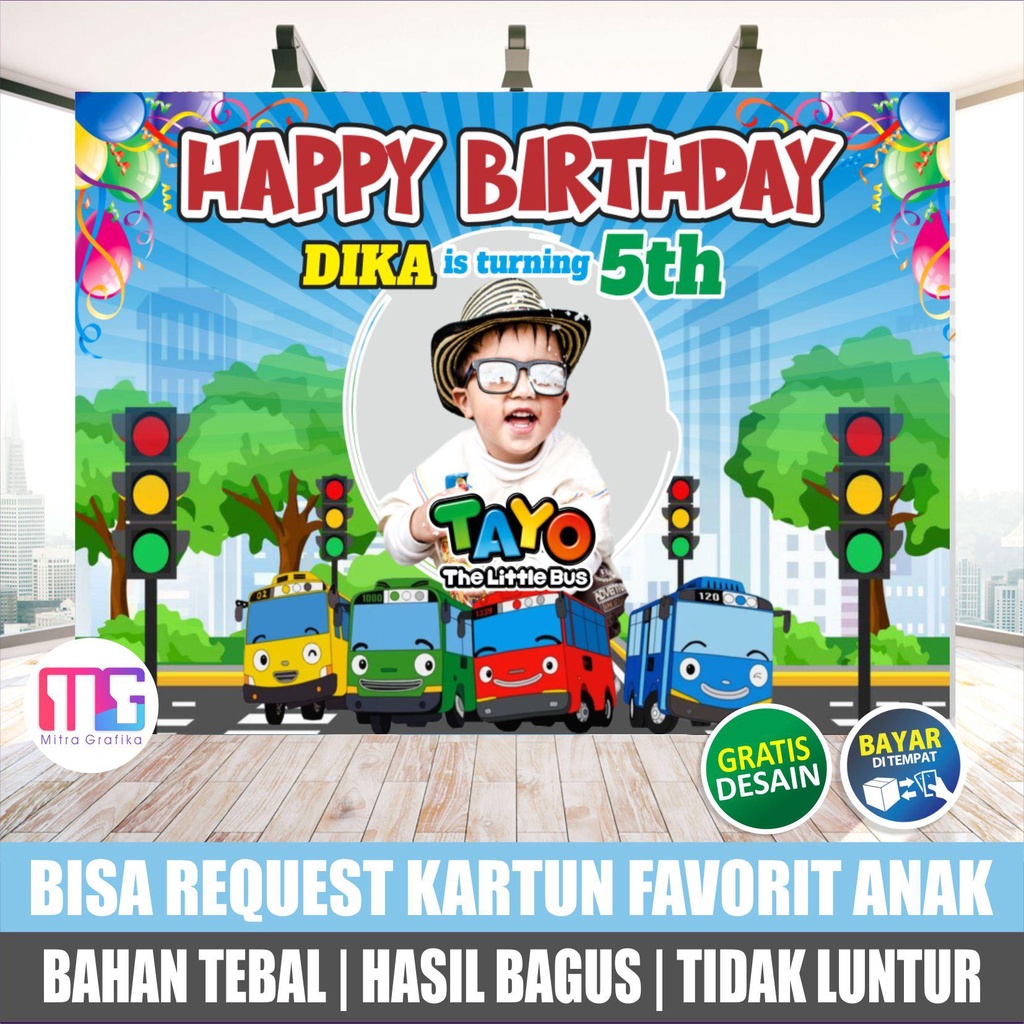 Jual Cetak Spanduk ultah anak tema bus Tayo / banner ulang tahun anak