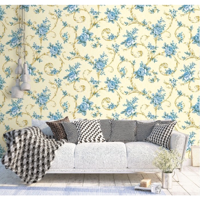 Jual Wallpaper Dinding Klasik Kembang Warna Keramik Biru Gold Hijau