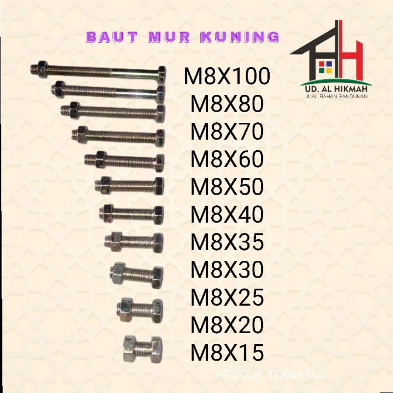 Jual MUNFA_STORE SET MUR BAUT HEX KUNING M8 X 50 M8X50 KUNCI 12 MM ...