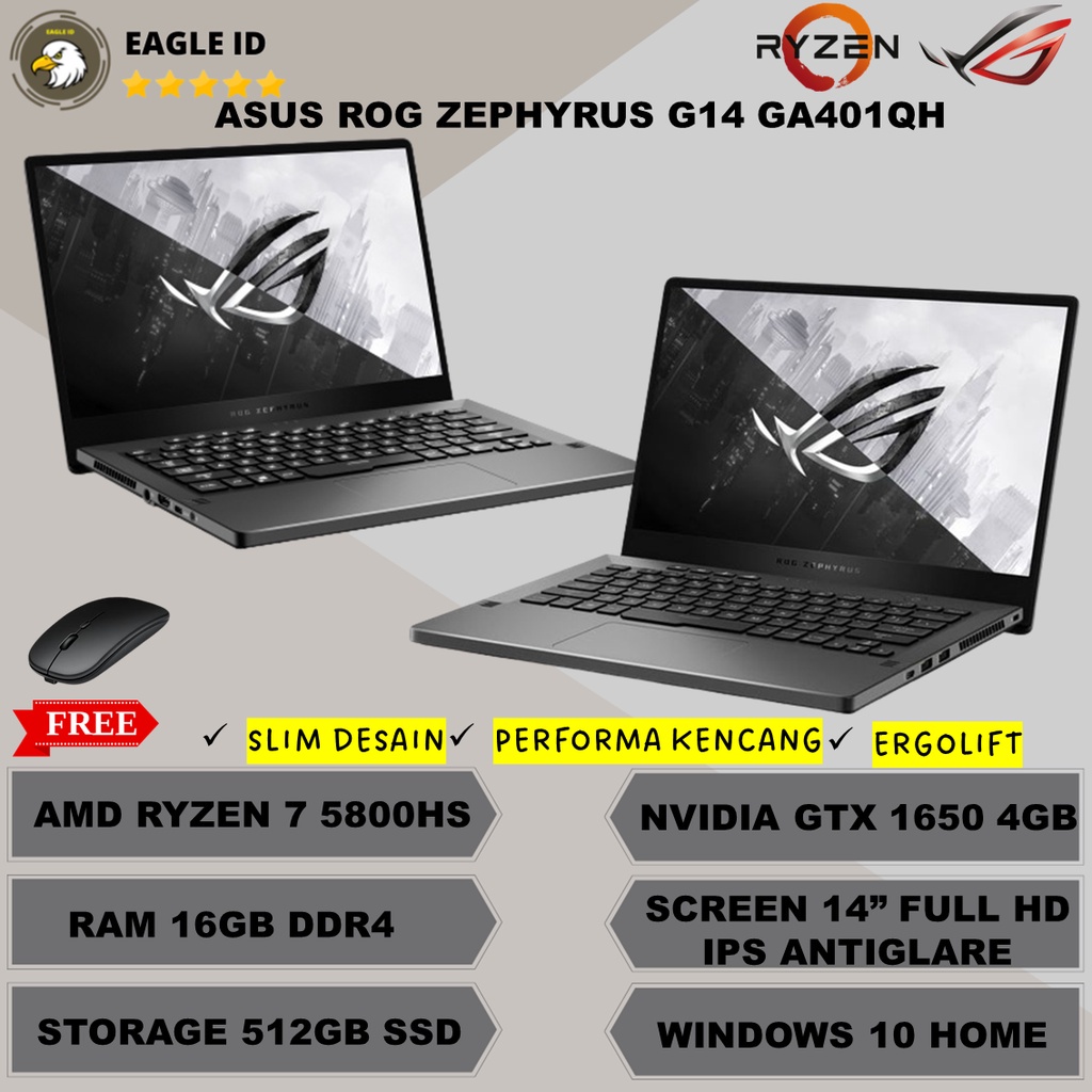 Laptop Gaming ASUS ROG ZEPHYRUS G14 GA401QH Ryzen 5800HS RAM 16GB 1TB SSD  GTX1650 4GB 14 Inch FHD IPS