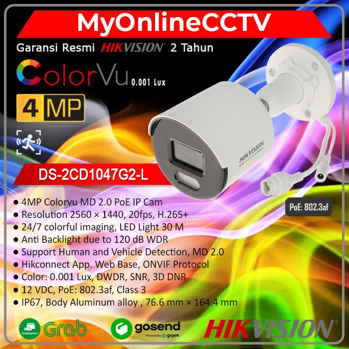 Jual DS-2CD1047G2-L Hikvision IP Camera PoE CCTV Outdoor 4MP ColorVu ...