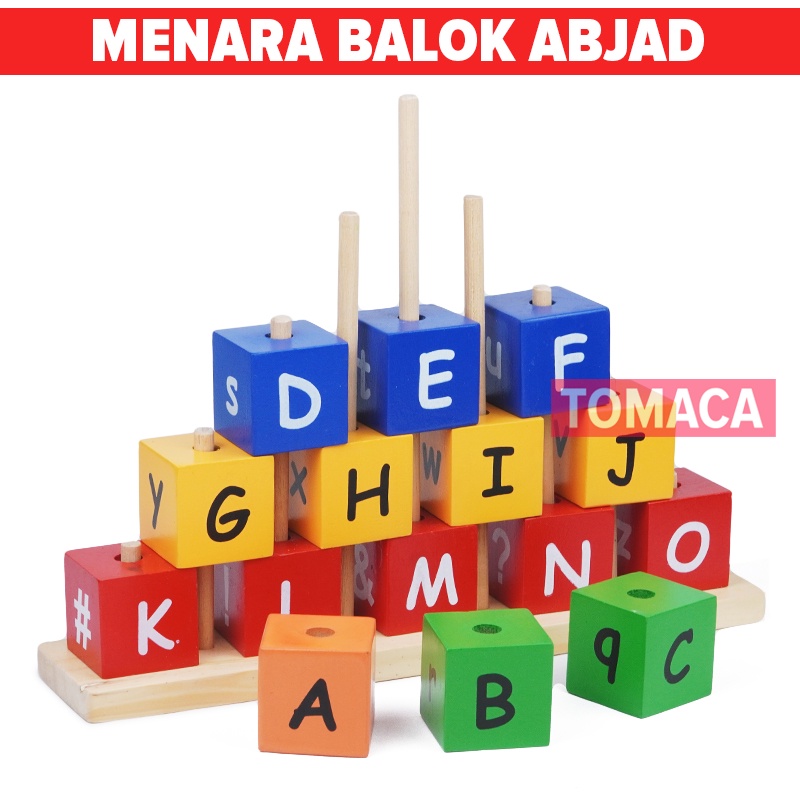 Jual Mainan Kayu Anak Edukatif Menara Balok Huruf Susun Kubus Abjad Abc