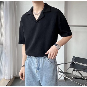 Jual Polo Shirt Basic Simple Korean Style Oversize V-Shape in Black and