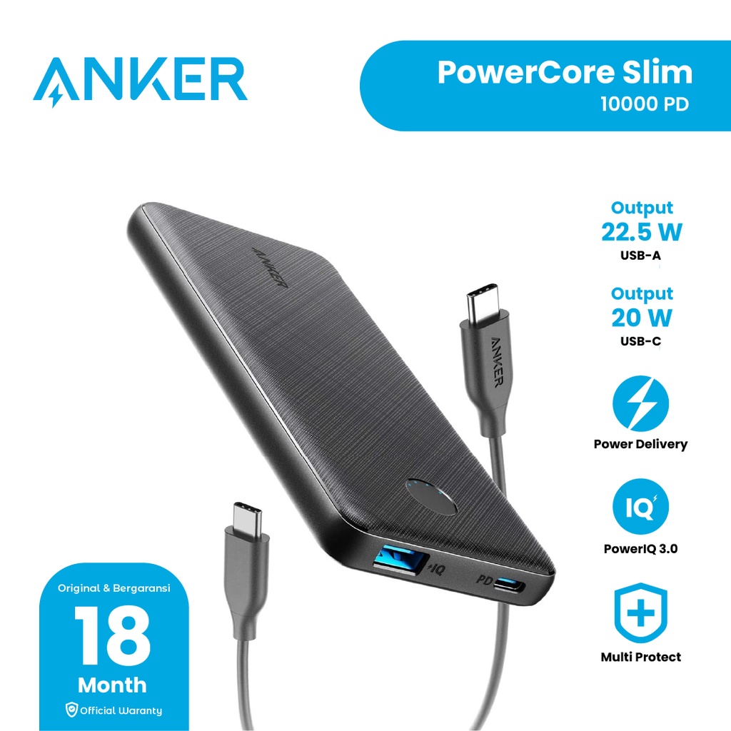 Jual Anker Powerbank PowerCore Slim 10000 PD A1245 Black Garansi Resmi