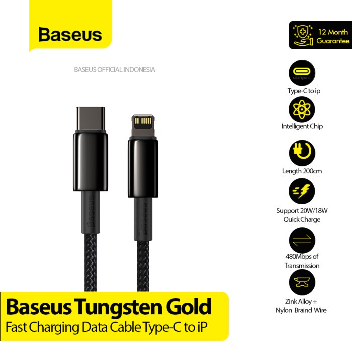 Jual Baseus Kabel Fast Charger Tungsten USB Type C to Lightning 1M