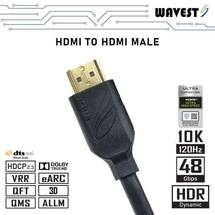 WAVEST 3M HDMI 2.1 Ultra High Speed 10K 8K 120Hz Male to Male Cable
