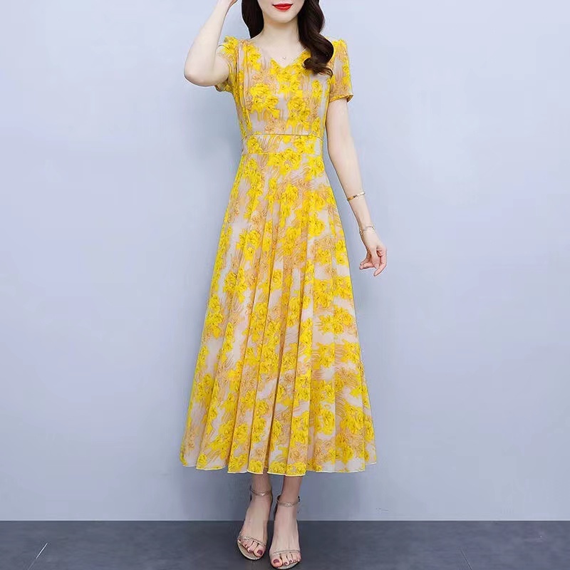 Jual NANA Floral dress gold kuning sifon bunga wanita elegan | Shopee ...