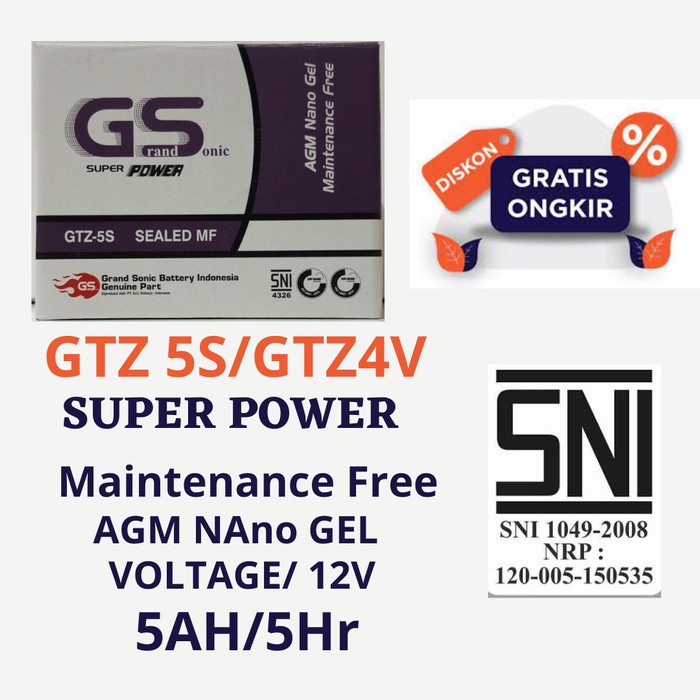 Jual Aki Motor Matic GTZ-5S Tegangan: 12V, Kapasitas: 5 Ah (Aki Kering