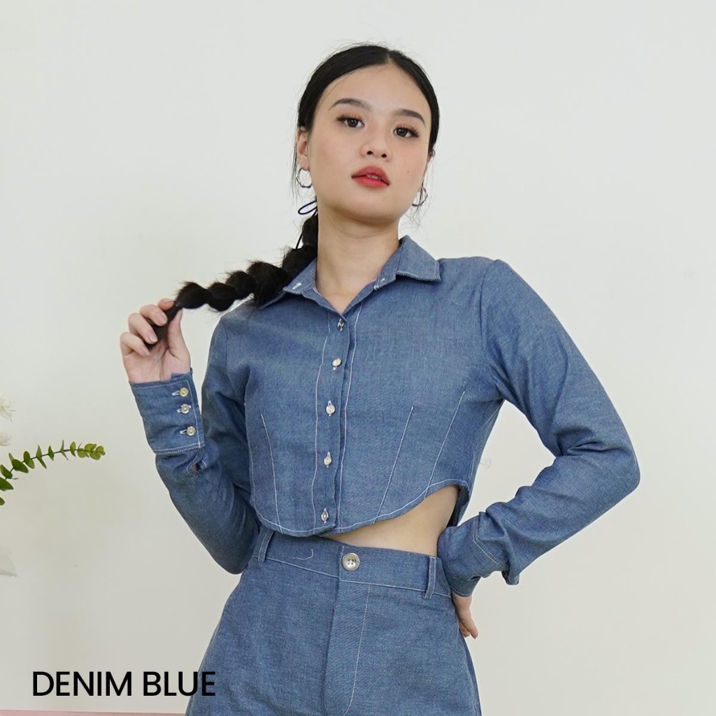 Jual Kemeja Crop Lengan Panjang Denim Look Elie Atasan Top Wanita Shopee Indonesia