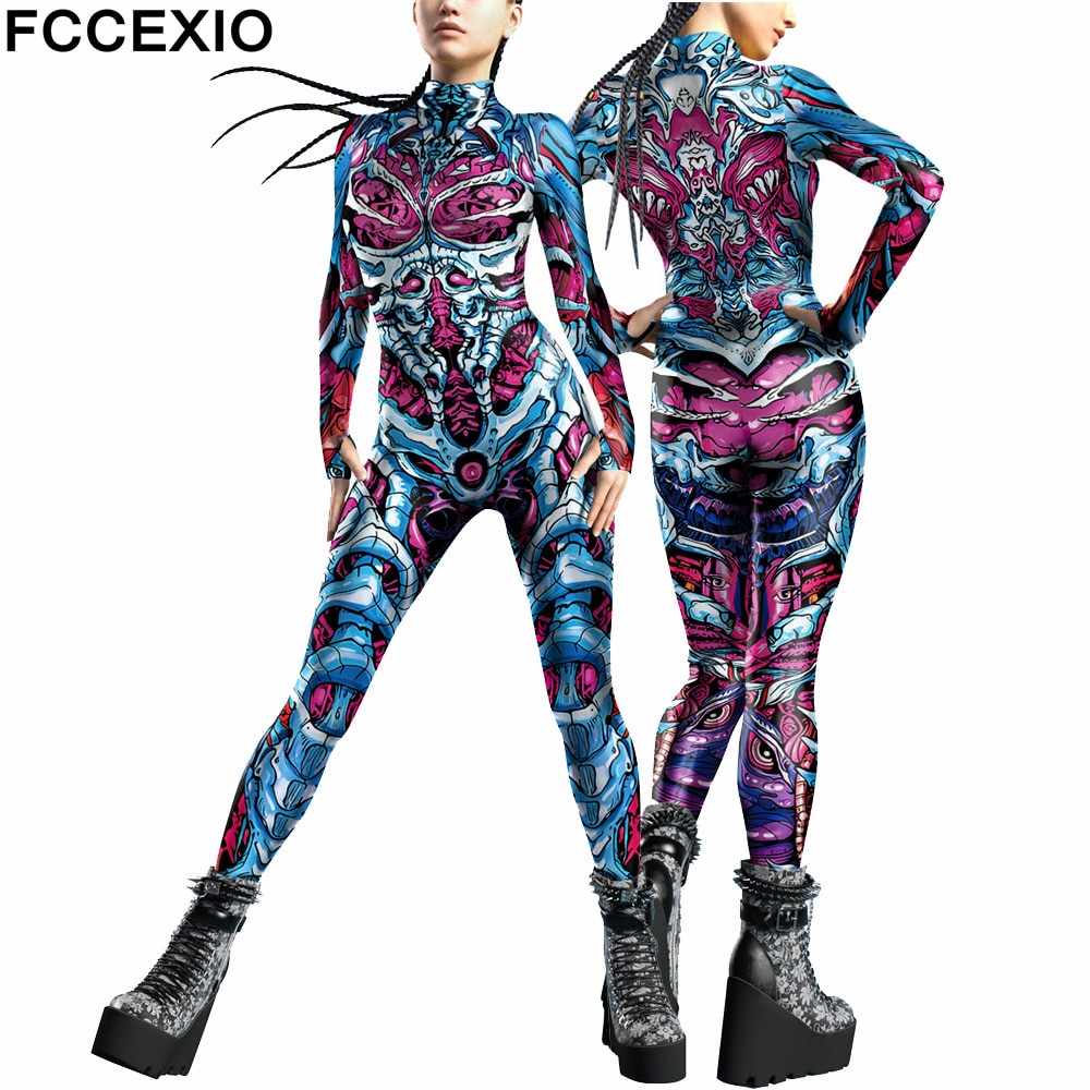 Jual Preorder Fccexio Colored Demon Skeleton 3d Print Women Sexy Jumpsuit Adult Cosplay Costume 7040