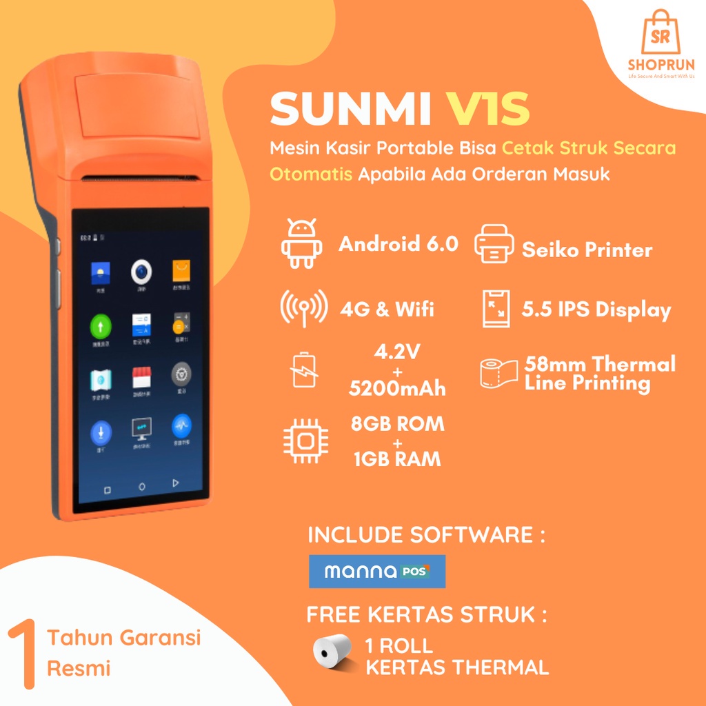 Jual Mesin Kasir Android Portable Sunmi V S Support Aplikasi Merchant Lokal Bisa Print