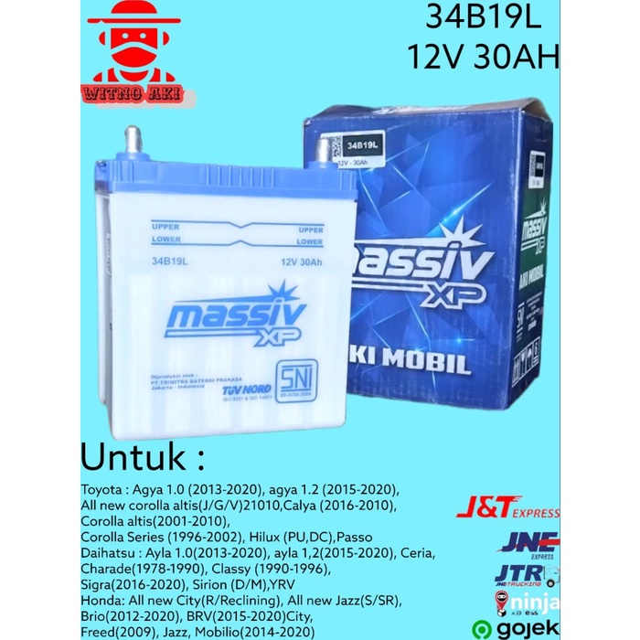 Jual aki mobil agya, ayla, calya, sigra 34b19l massiv xp aki basah