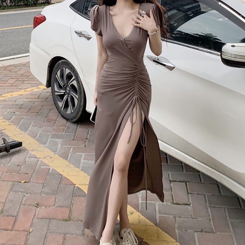 Jual Newlan QZ074 Longdress Rib Serut Korean Long dress/terusan panjang/ Dress Bodycon Maxi Dress Korea Dress/dress kasual polos casual dress serut  viral /dress belah samping rayon premium / dress belah paha Short Sleeves