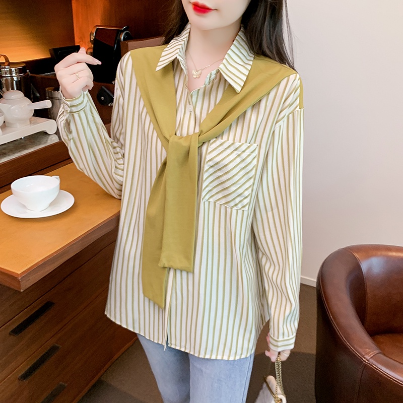 Jual New Shawl Stitching Tied Green Striped Shirt Women's Long Sleeve