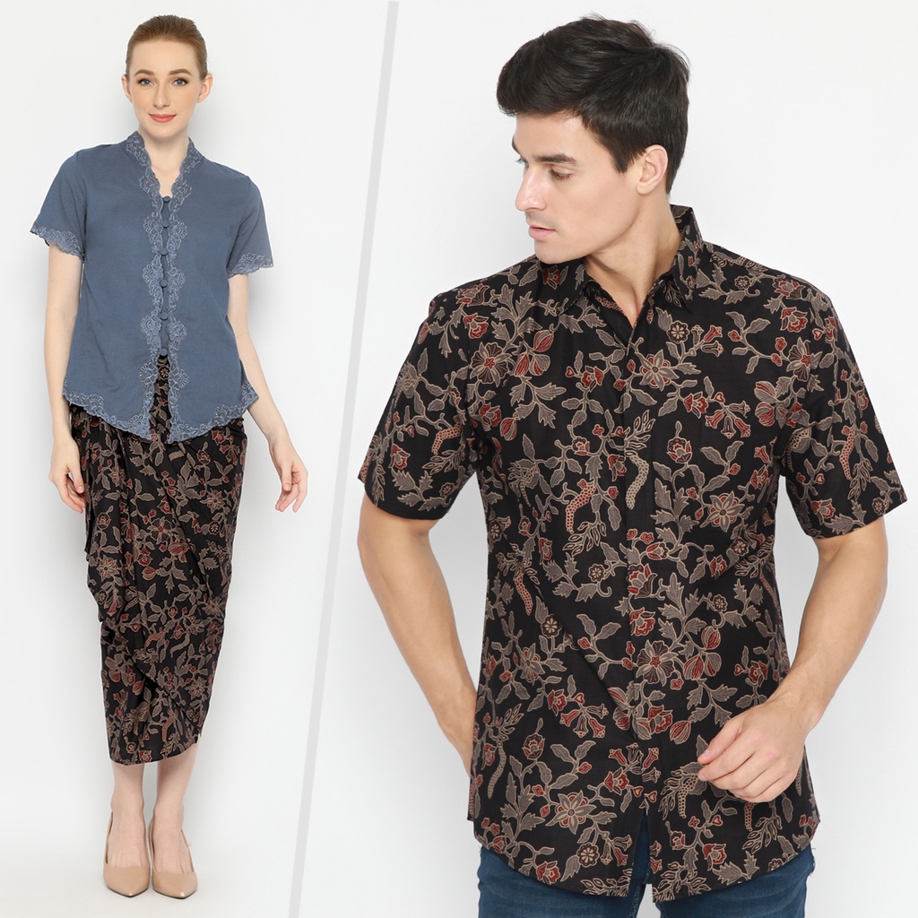 Jual Batik Couple Modern Kemeja Rok Lilit Instan Batik Pria Lengan Pendek Premium Motif Kembang 5218