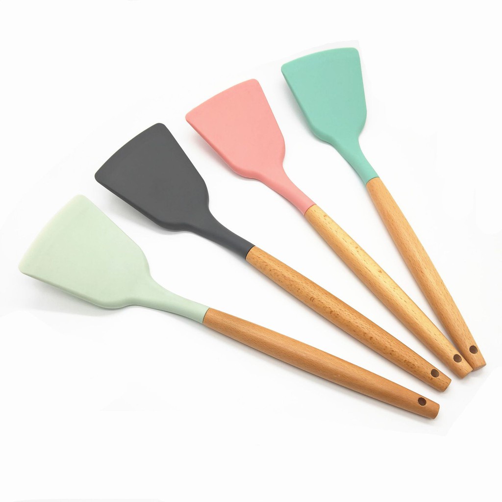 Jual Unik Spatula Silicone Utensil Gagang Kayu Tahan Panas Spatula Silicon Sutil