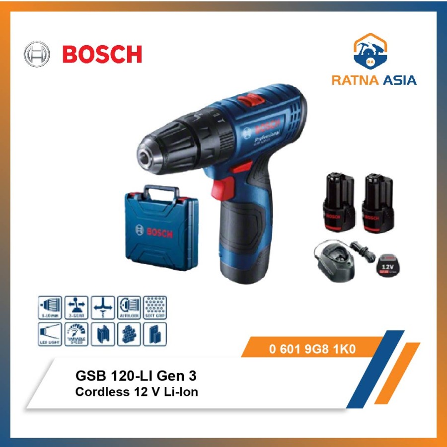 Bosch GSB 120-LI Mesin Bor Tembok Cordless 12V Impact Drill Baterai  Lithium Box Set