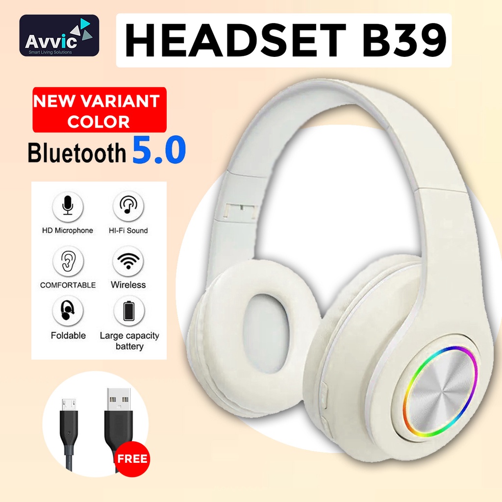 Jual B39 Headphone Bluetooth Wireless Headset LED Mono HiFi Bass Music ...