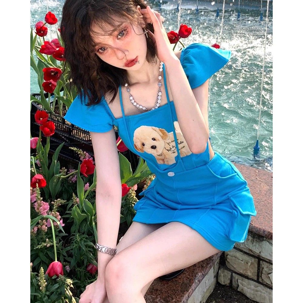 Jual [ COD ] Aroana Alesha Setelan Rok Wanita Baru Biru Satu Bahu ...