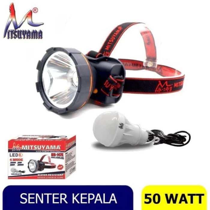 Ready JKT - Senter Kepala LED Super Terang - Senter Kepala 80 Watt LED - Senter Mitsuyama MS 216P - Super Terang Cahaya Putih 2400mAh - 3 Mode Terang Redup Kedip - Headlamp Outdoor - Tahan Air | AutoStock