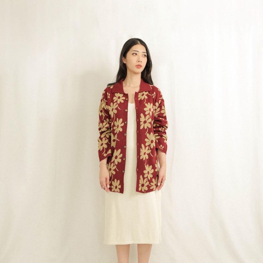 Noir Sur Blanc Flora Lounge Shirt Long Sleeve Maroon / Sand