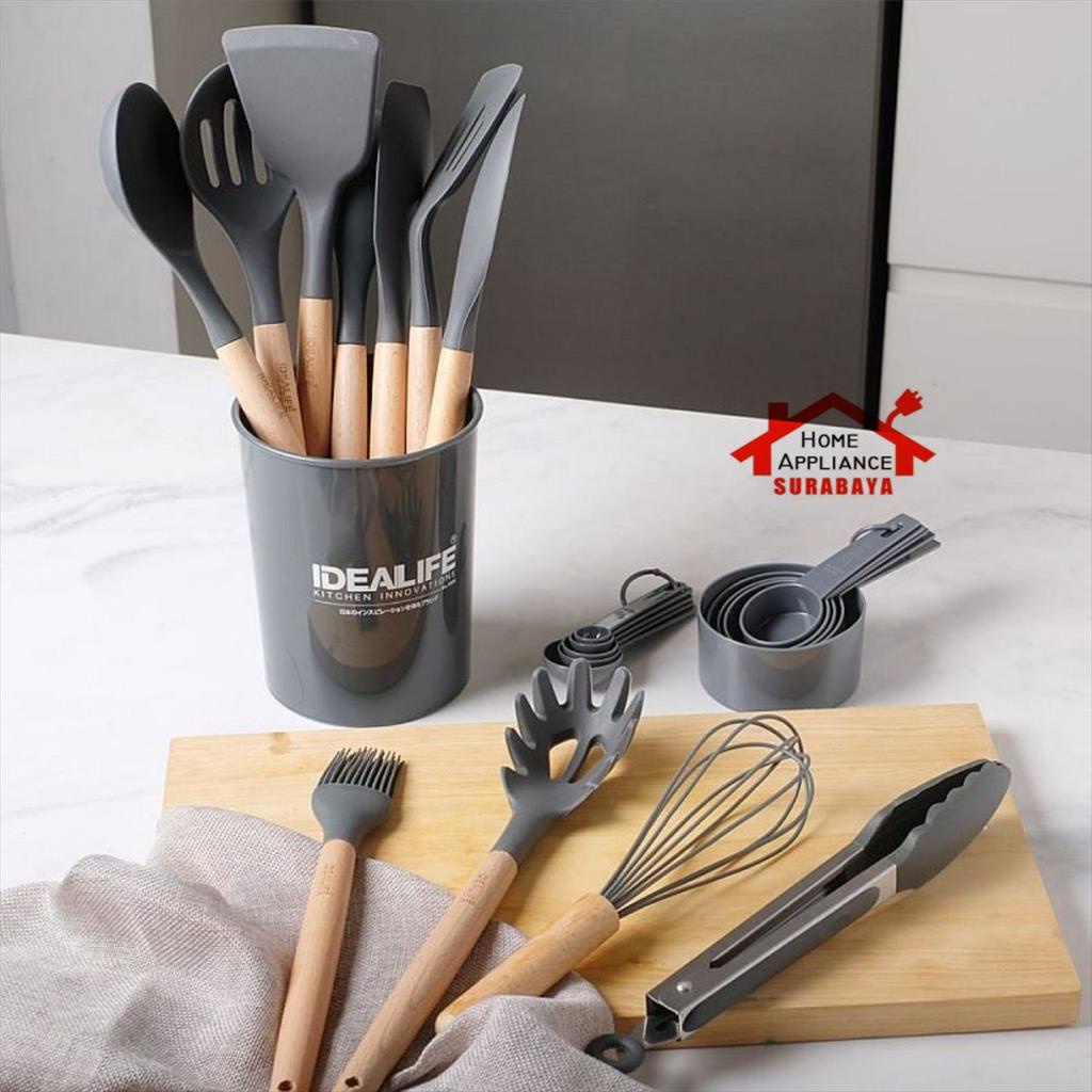 IDEALIFE Kitchen Utensils Spatula 23 PCS Set ( Silicone & Beech ) IL-172A - Peralatan Masak