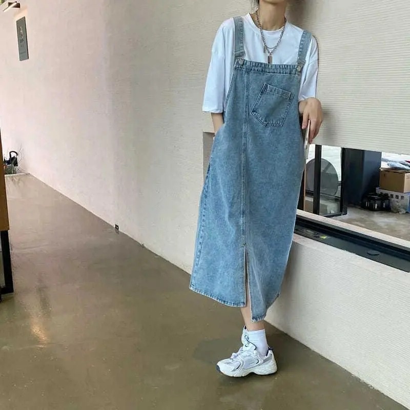Jual Rok suspender denim gaun suspender mid-length ramping longgar baru ...