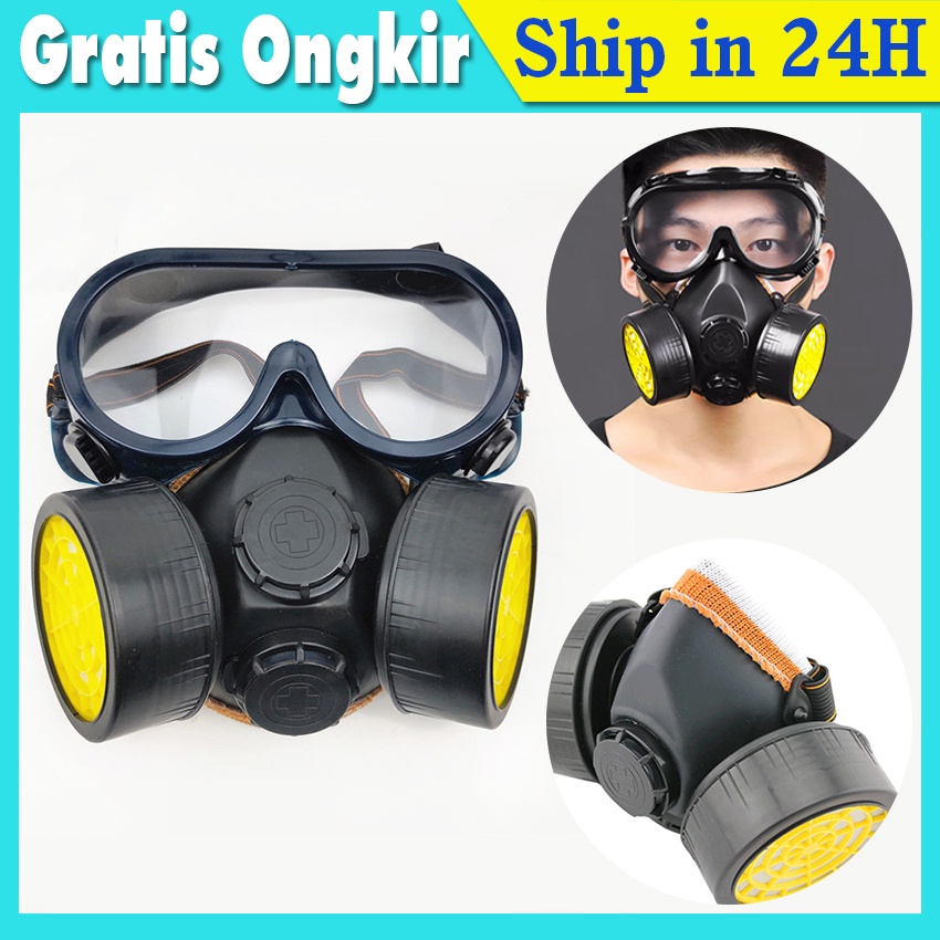 Jual Masker Obat Double Anti Polusi Chemical Respirator Kimia Kacamata Safety Fullface