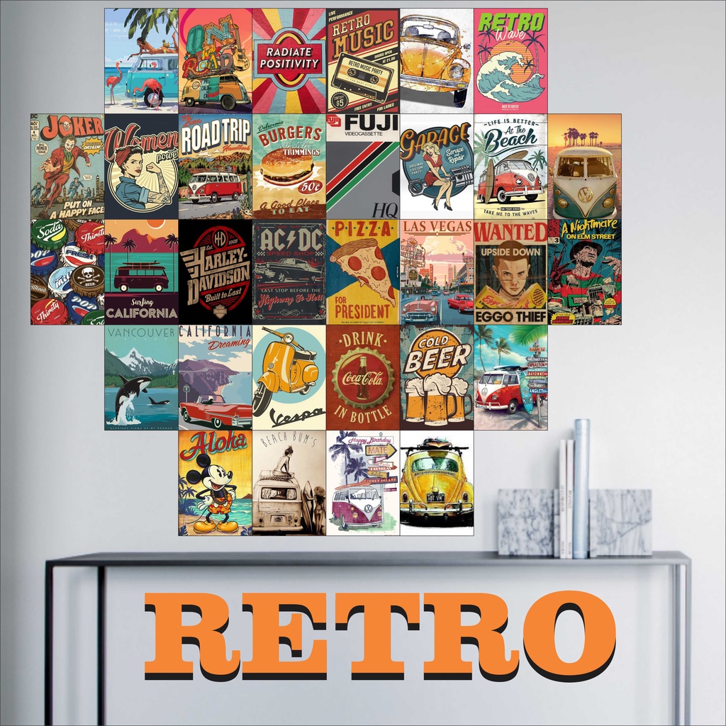 Jual Poster Dinding Kamar Cowok RETRO satu paket ISI 30pcs Poster Kamar