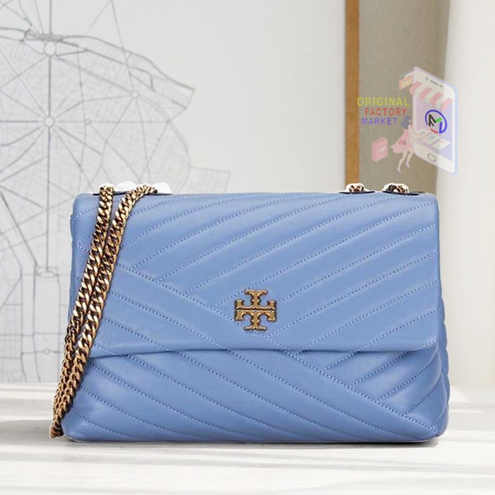 Jual VS TAS TORY BURCH 58465 KIRA CHEVRON Convertible Shoulder Bag Blue Wood Shopee Indonesia