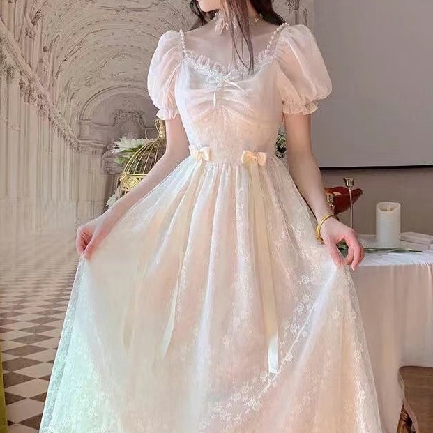 Jual FAN 2024 Gaun renda putih Korea yang baru/dress korean/Gaun putih
