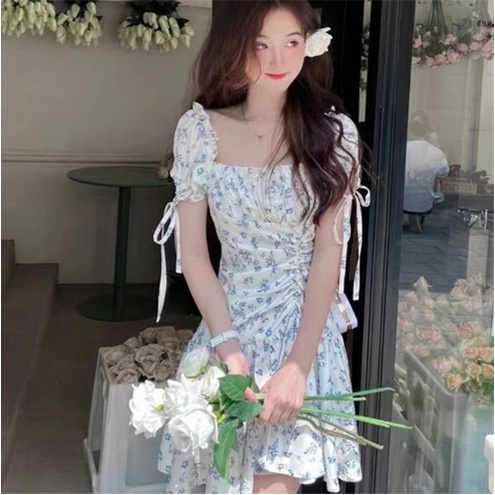 Jual Asymmetrical Neckline Floral Mini Dress with Ruched Skirt