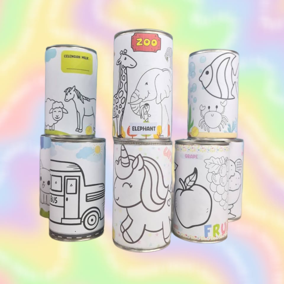 Jual CELENGAN LUKIS MEWARNAI KALENG GAMBAR KARAKTER / EDUKASI ANAK