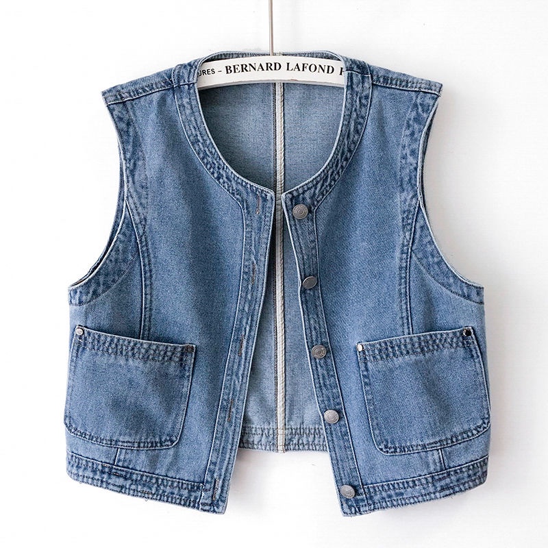 Women's round neck casual Baby blue denim vest short style with waistcoat  jacket