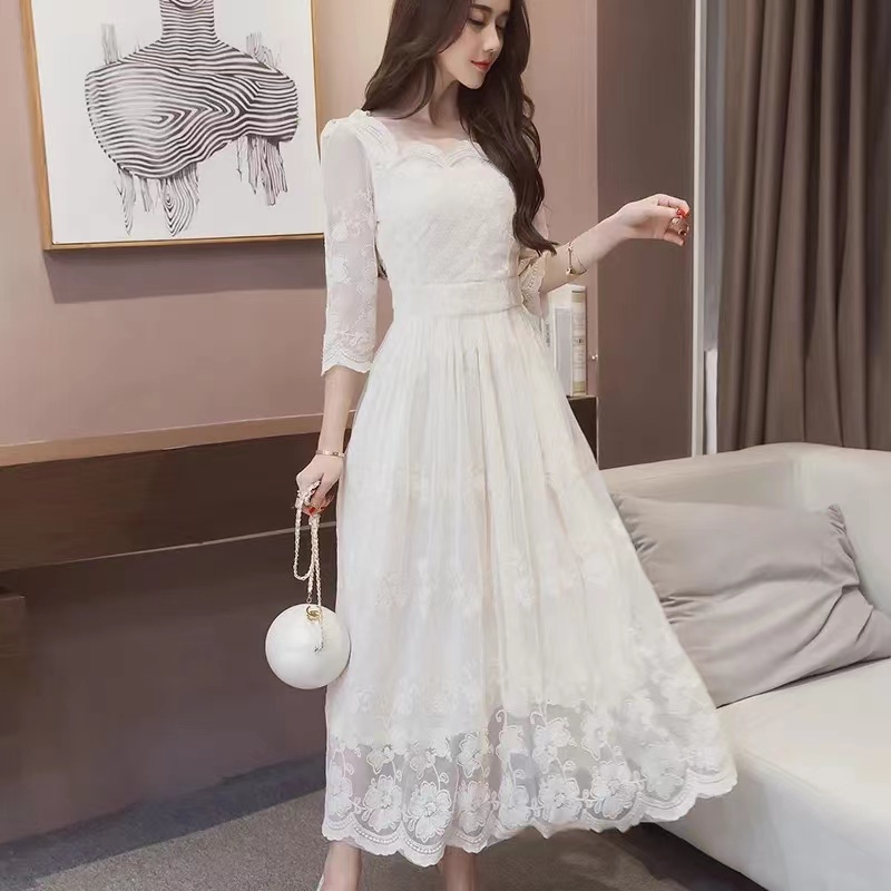 Jual FAN 2024 Gaun putih renda gaya Korea yang baru/dress pantai/dress ...